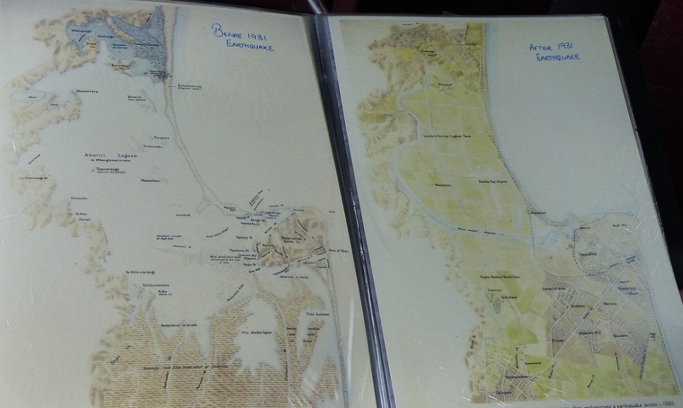 Maps showing the lagoon pre-1931 and land post-earthquake